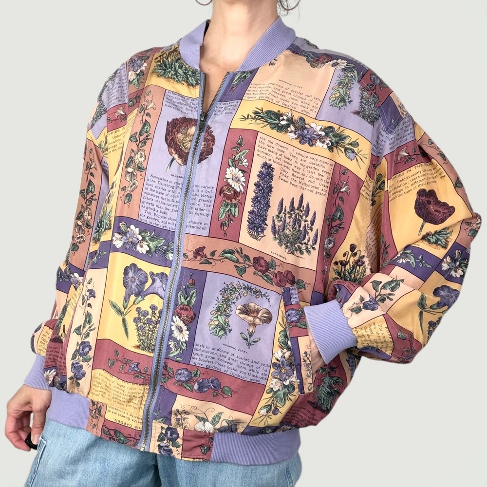 Saks‎ Fifth Avenue Vintage Silk Bomber Jacket Botanical Floral Garden Print M